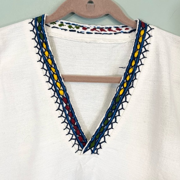 White Tunic Black Hand Embroidered V Neck Top w Fringes One Size - Picture 5 of 7